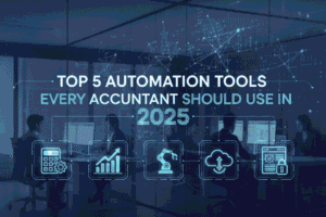 Accountant using automation software dashboard to manage invoices and financial reports efficiently in 2025.