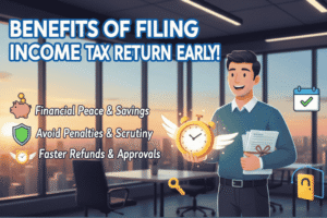 Taxpayer filing income tax return before deadline on laptop to avoid penalties and get faster refunds