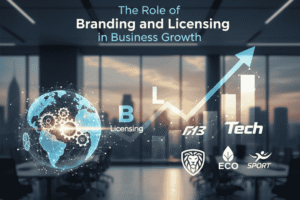 showing brand licensing process with logos, legal documents, and business growth icons