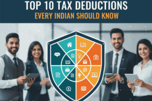 Illustration showing Indian taxpayer reviewing documents with sections like 80C, 80E, and 24(b) highlighted for tax savings.