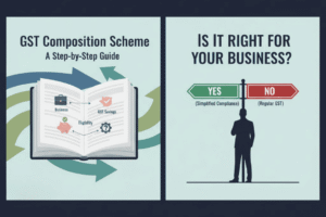 Entrepreneur reviewing GST composition scheme registration process on laptop